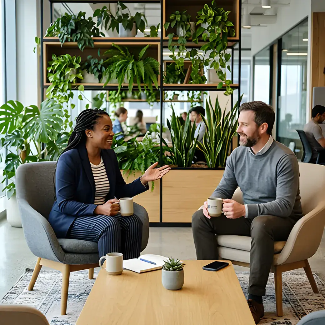 Two colleagues talking over coffee in a green office