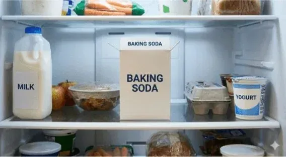 Open fridge with a box of baking soda